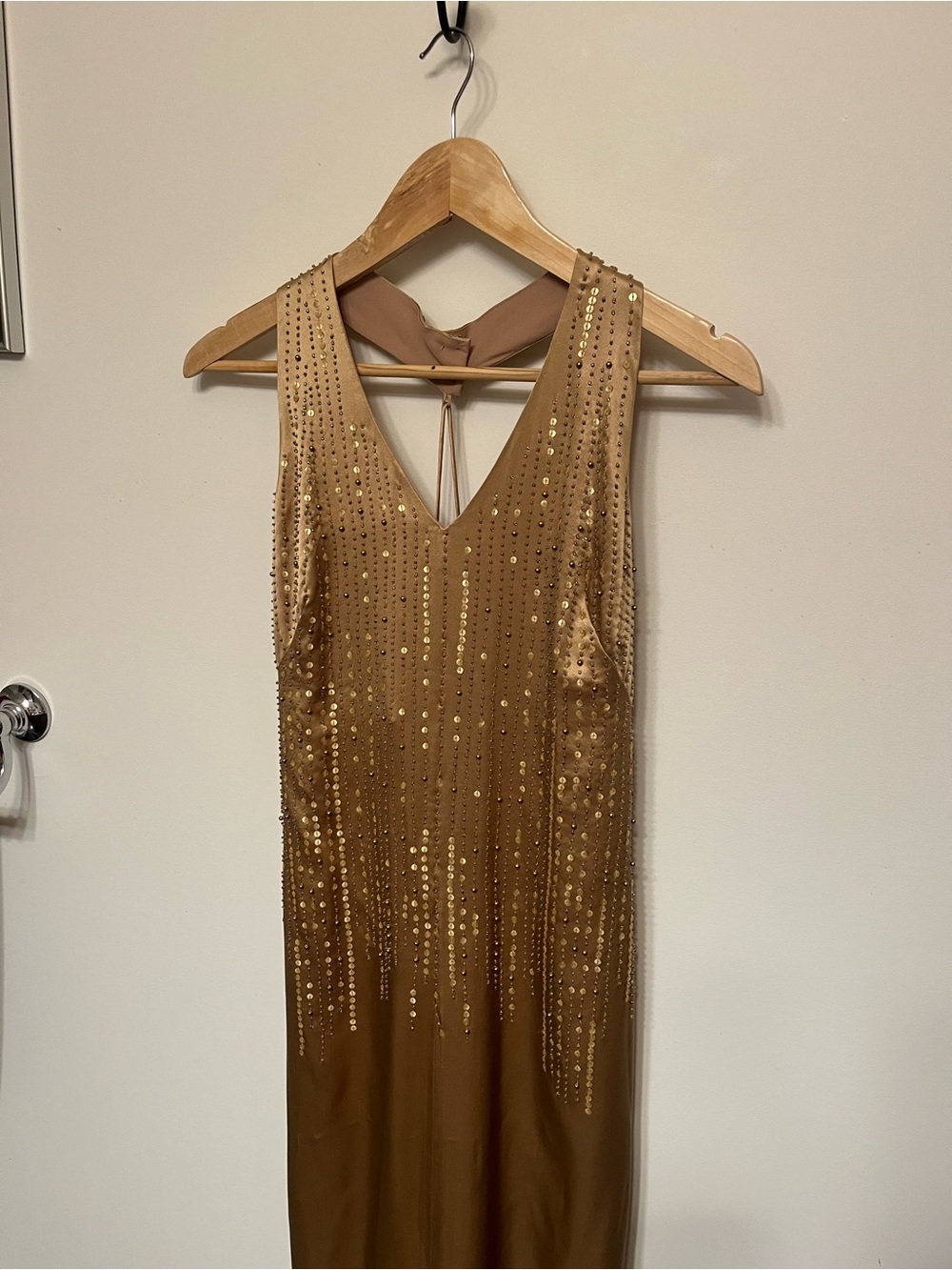 100% silk vintage Gold Sequin V-Neck Women's Dress